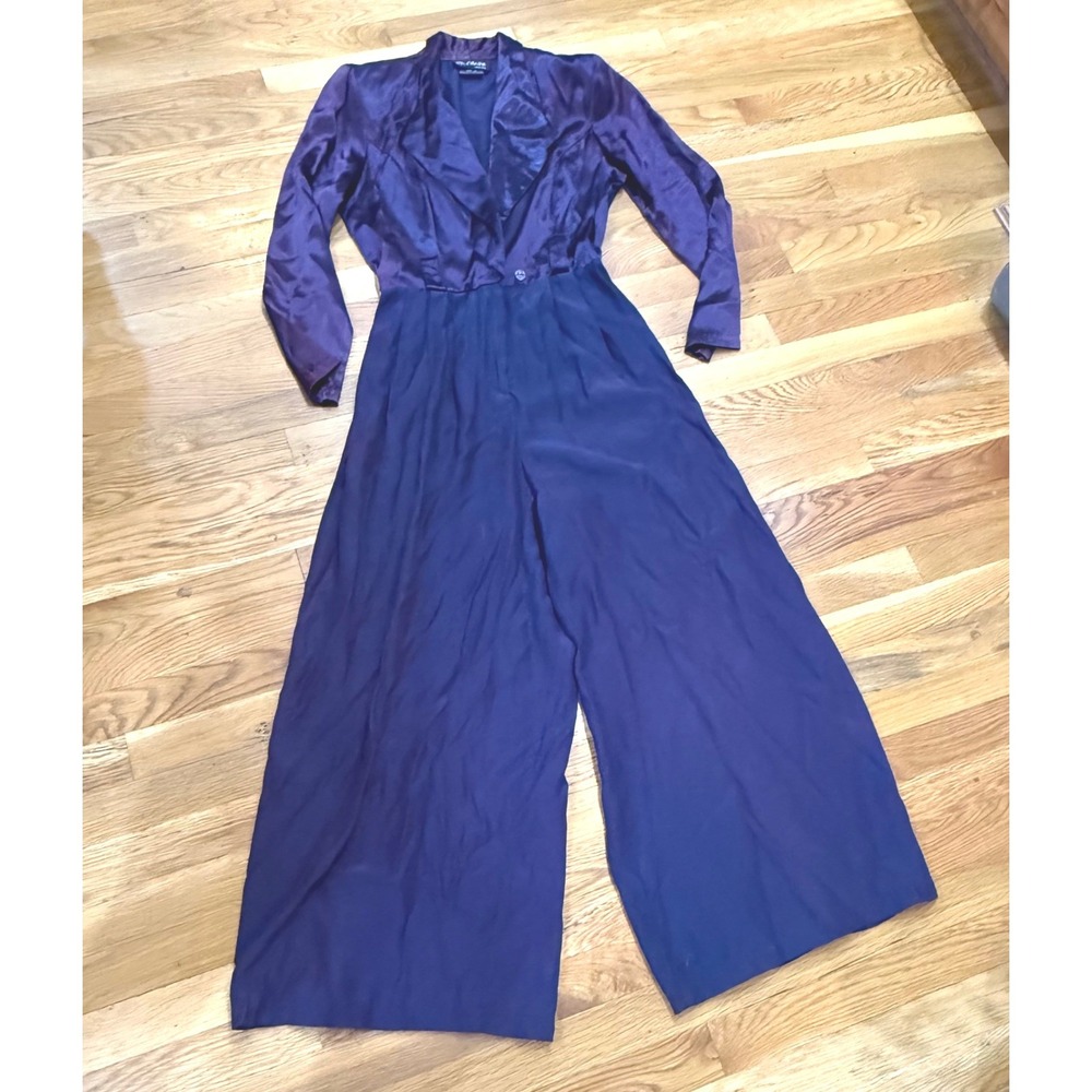 Vintage 80s Purple Wide Leg Jumpsuit Size 10 Made in‎ USA Satin Glam